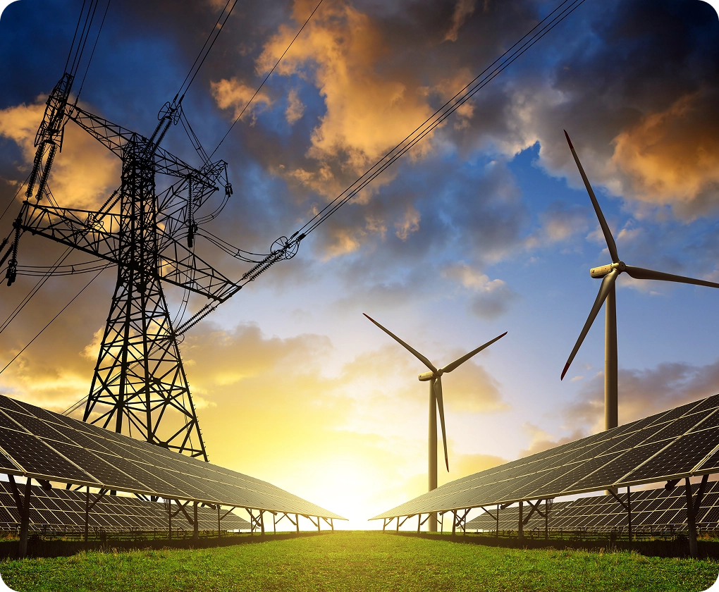 Stromleitung, Windräder und Solaranlagen in einer Energielandschaft